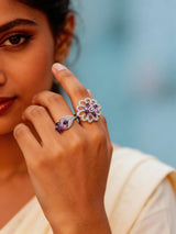 Dual Floral American Diamond Studded Adjustable Ring