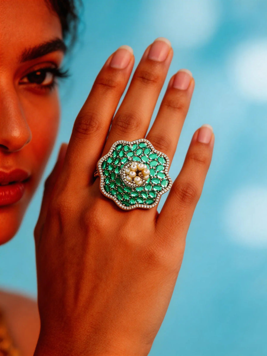 Pink Floral Cubic Zirconia and Pearl Adjustable Brass Ring