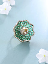 Pink Floral Cubic Zirconia and Pearl Adjustable Brass Ring