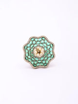 Pink Floral Cubic Zirconia and Pearl Adjustable Brass Ring