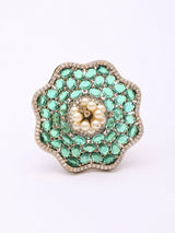 Pink Floral Cubic Zirconia and Pearl Adjustable Brass Ring