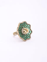 Pink Floral Cubic Zirconia and Pearl Adjustable Brass Ring