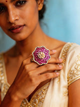 Pink Floral Cubic Zirconia and Pearl Adjustable Brass Ring