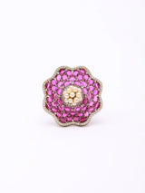 Pink Floral Cubic Zirconia and Pearl Adjustable Brass Ring