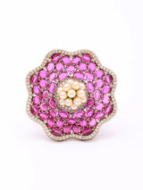 Pink Floral Cubic Zirconia and Pearl Adjustable Brass Ring