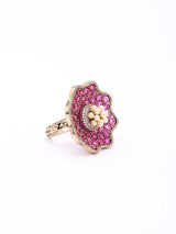 Pink Floral Cubic Zirconia and Pearl Adjustable Brass Ring