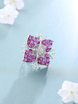 Floral Zirconia Brass Adjustable Ring in Pink and Purple