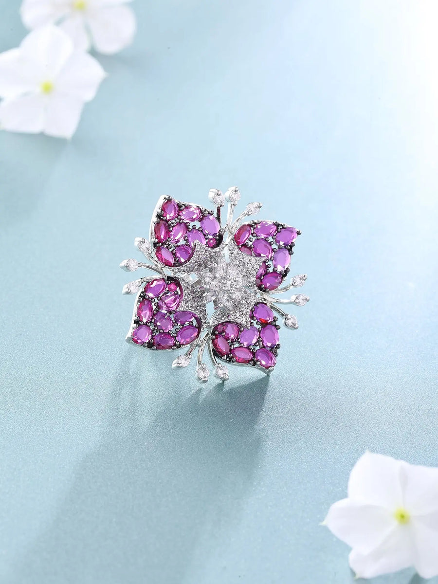 Floral Zirconia Brass Adjustable Ring in Pink and Purple