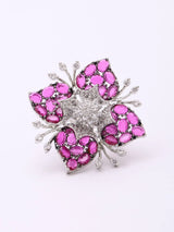 Floral Zirconia Brass Adjustable Ring in Pink and Purple