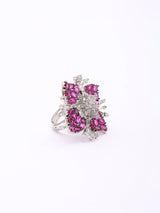 Floral Zirconia Brass Adjustable Ring in Pink and Purple