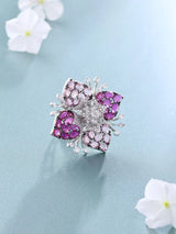 Floral Zirconia Brass Adjustable Ring in Pink and Purple