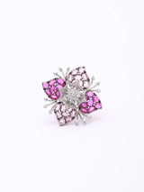 Floral Zirconia Brass Adjustable Ring in Pink and Purple