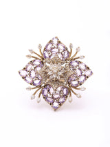 Floral Zirconia Brass Adjustable Ring in Pink and Purple