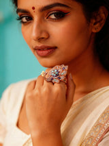 Peacock and Floral Motif Crystal Brass Adjustable Ring