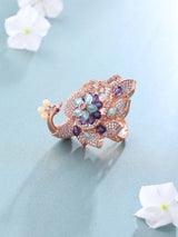 Peacock and Floral Motif Crystal Brass Adjustable Ring