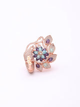 Peacock and Floral Motif Crystal Brass Adjustable Ring