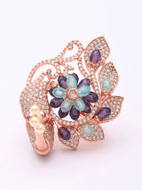 Peacock and Floral Motif Crystal Brass Adjustable Ring
