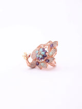 Peacock and Floral Motif Crystal Brass Adjustable Ring
