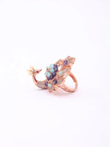Peacock and Floral Motif Crystal Brass Adjustable Ring