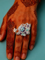 Peacock and Floral Motif Crystal Brass Adjustable Ring