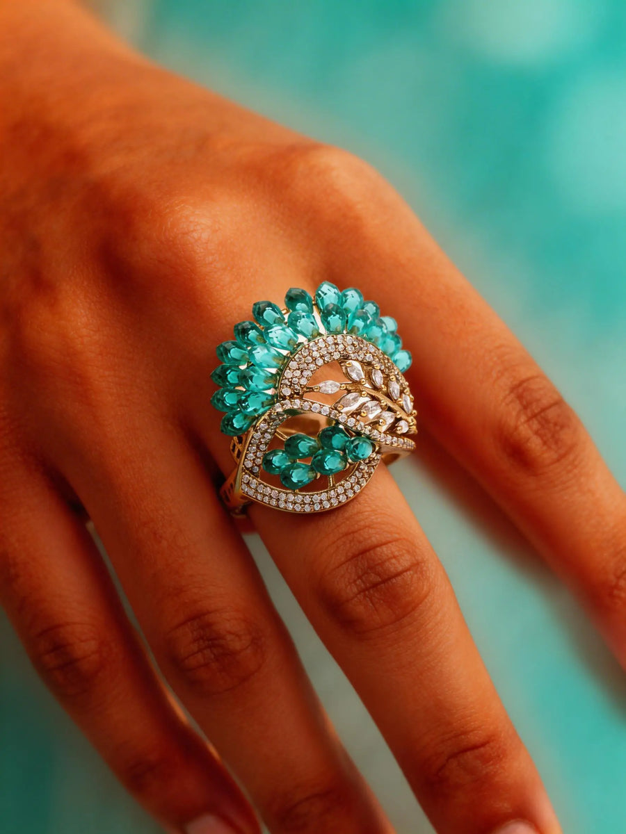 Floral Arc Green and Pink Stone Brass Adjustable Ring