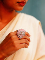 Floral Arc Green and Pink Stone Brass Adjustable Ring