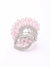 Floral Arc Green and Pink Stone Brass Adjustable Ring