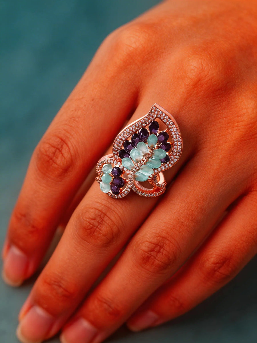 Leaf Motif Blue and Violet Stone Adjustable Ring in Brass