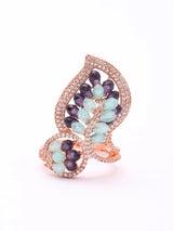Leaf Motif Blue and Violet Stone Adjustable Ring in Brass