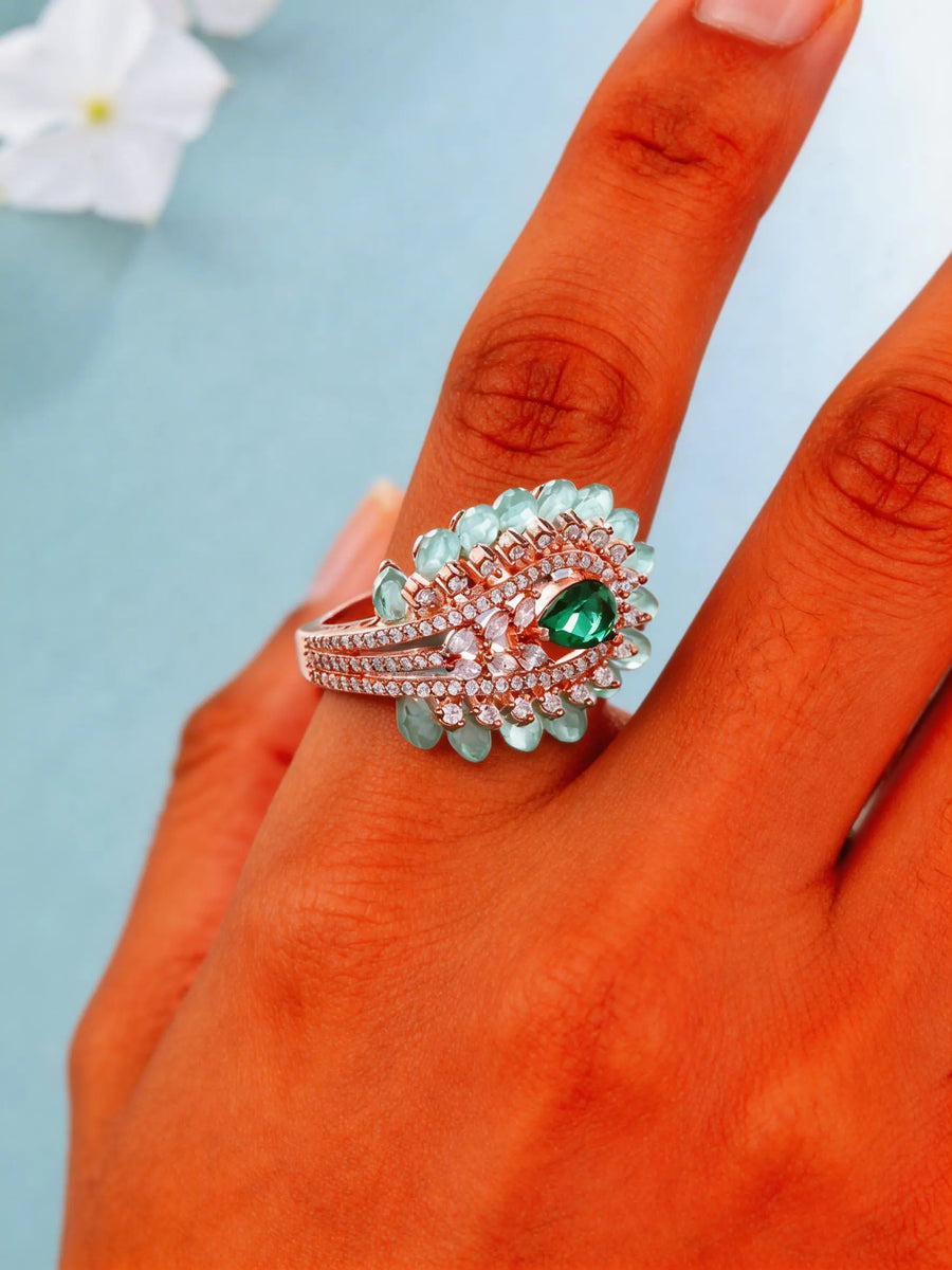 Peacock Feather American Diamond Brass Statement Ring