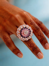 Pink and Purple Floral Cluster American Diamond Adjustable Ring