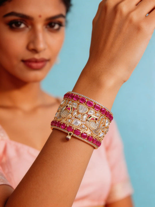 Polki Studded Peacock Motif Brass Openable Bangles