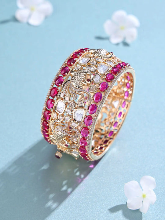 Polki Studded Peacock Motif Brass Openable Bangles
