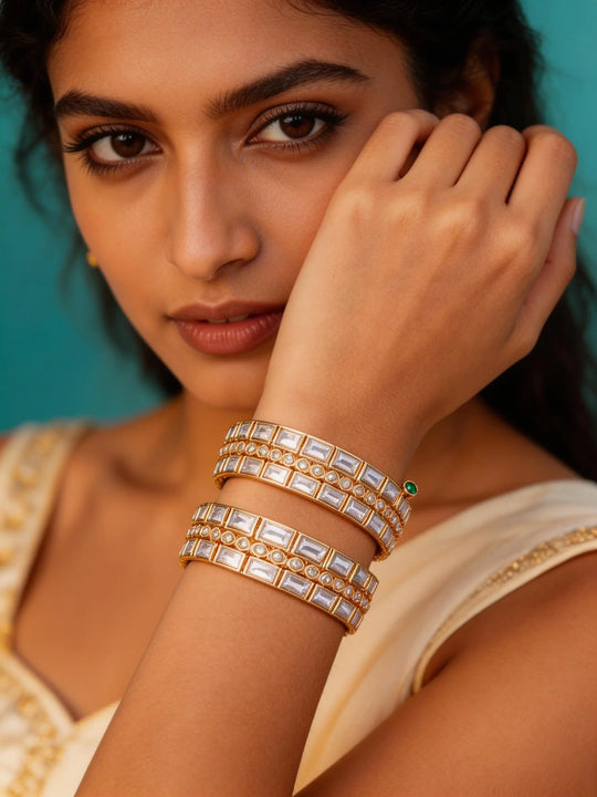 Geometric Polki Style Brass Bangles with Baguette Stones (Pair)