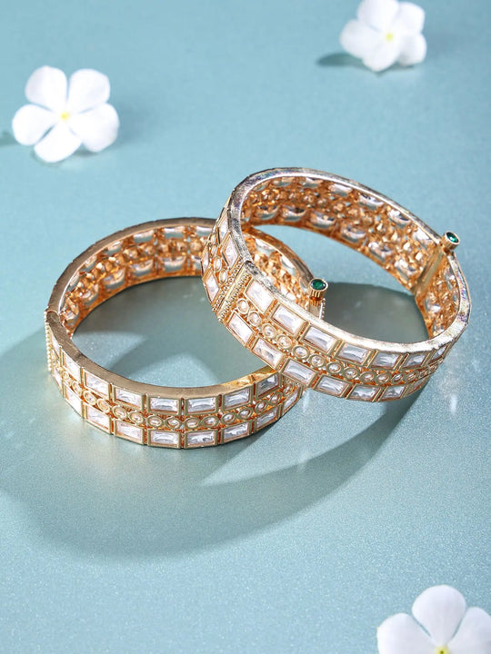 Geometric Polki Style Brass Bangles with Baguette Stones (Pair)