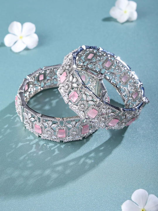 Pink Cubic Zirconia and Rose Crystal Brass Bangles (Pair)