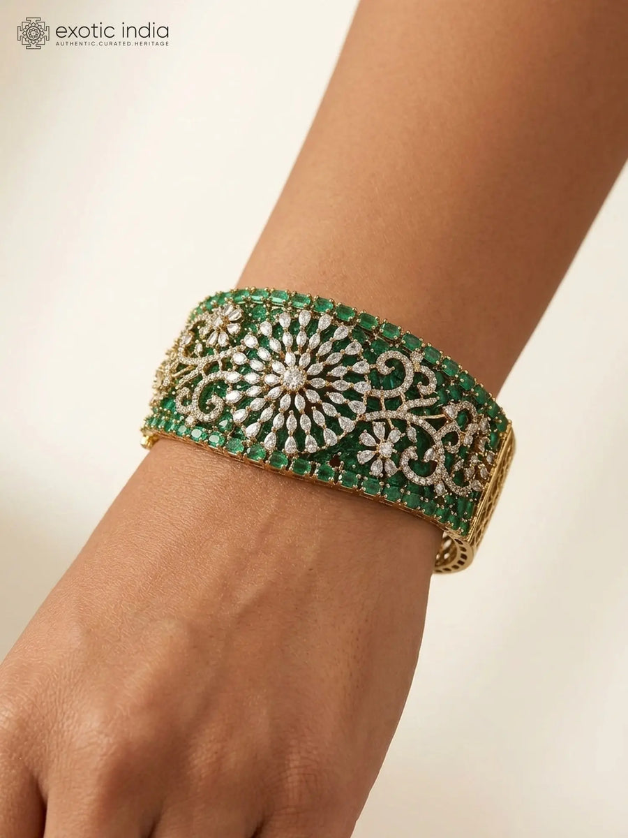Floral American Diamond Studded Brass Cuff Bracelet