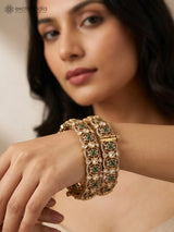 Mughal Openable Polki and Green Stone Brass Bangles Pair