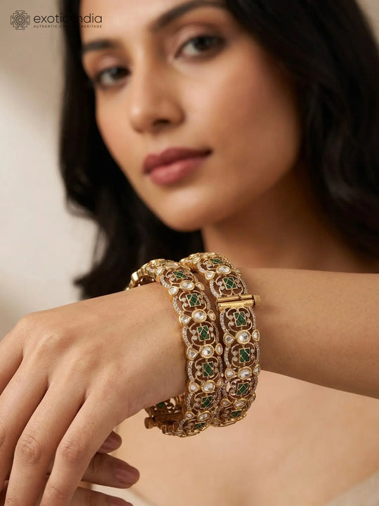Mughal Openable Polki and Green Stone Brass Bangles Pair