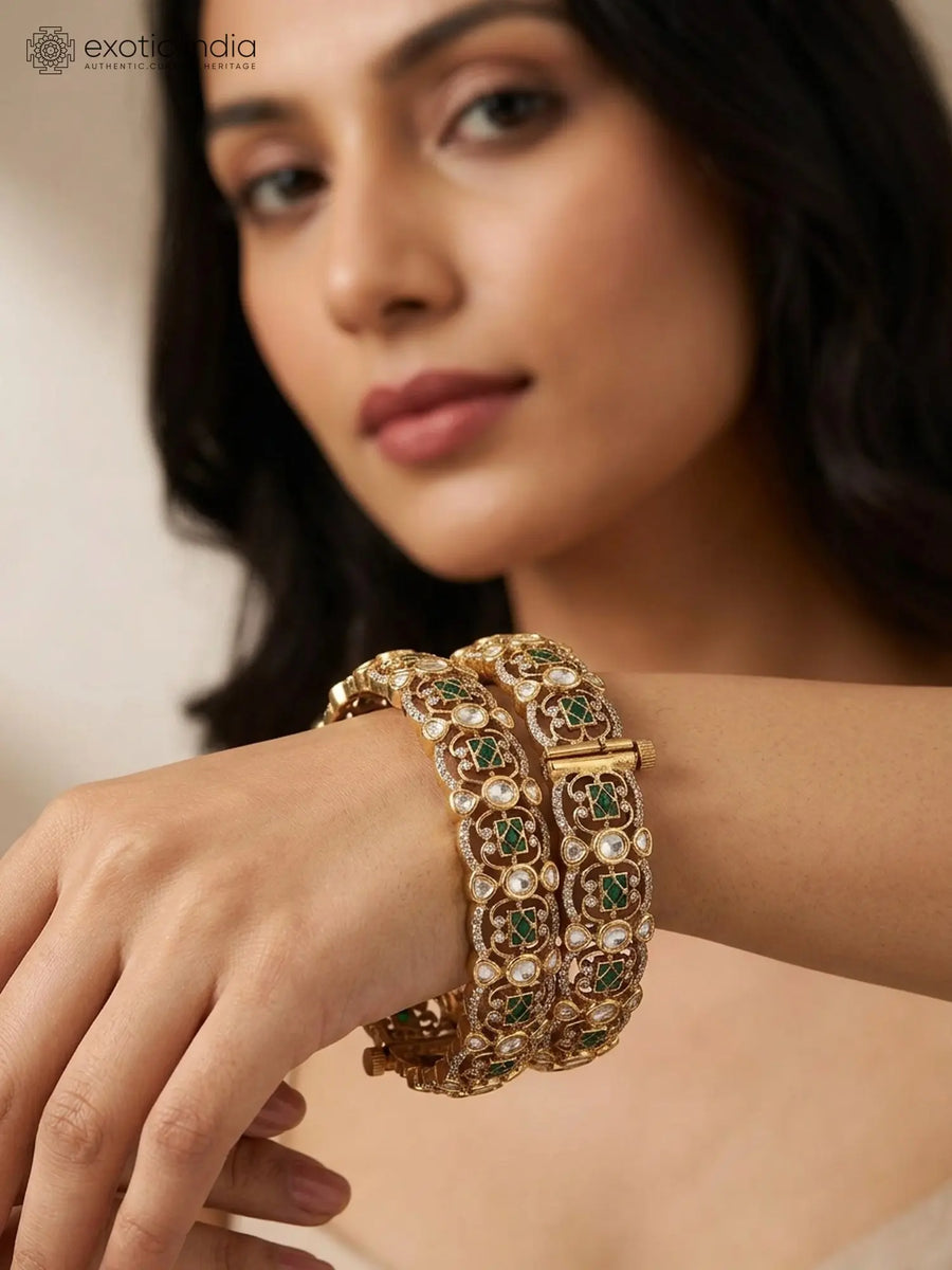 Mughal Openable Polki and Green Stone Brass Bangles Pair