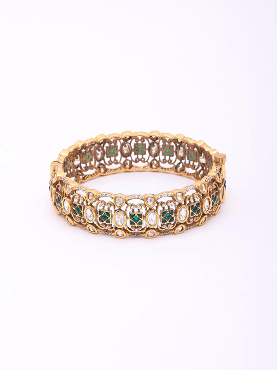 Mughal Openable Polki and Green Stone Brass Bangles Pair
