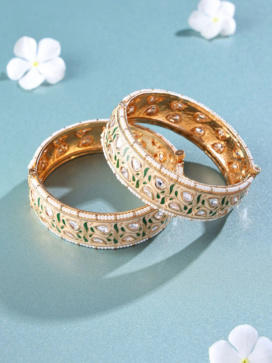 Meenakari and Polki Openable Bangles with Pearl Border (Pair)