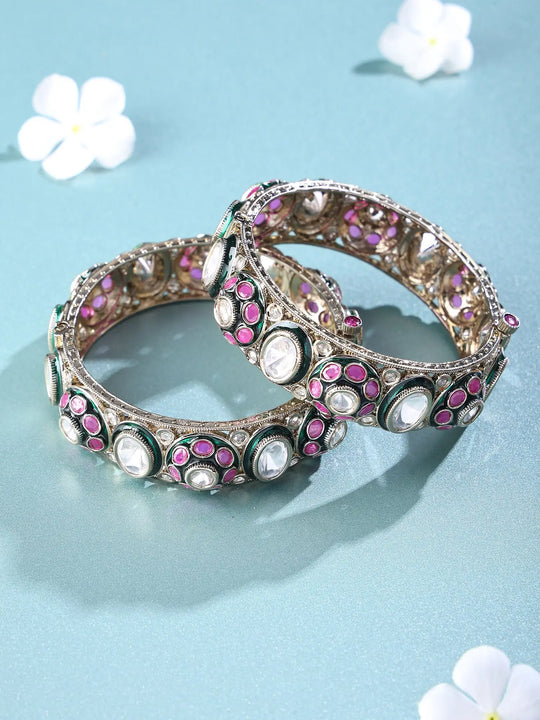 Polki and Pink Stone Antique Brass Openable Bangles (Pair)