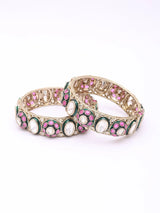 Polki and Pink Stone Antique Brass Openable Bangles (Pair)