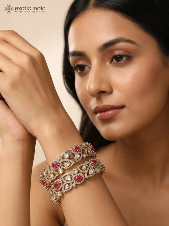 Kundan Vine Leaf Stone Studded Openable Brass Bangles (Pair)