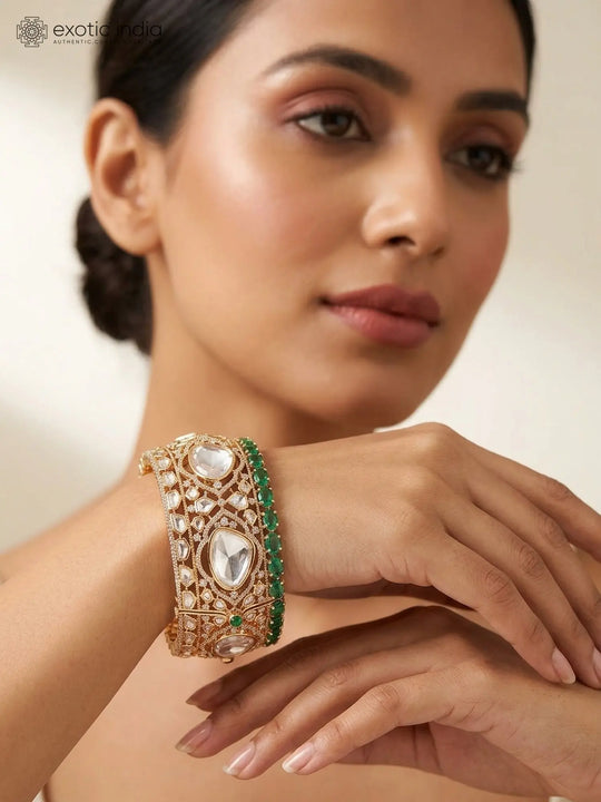 Polki Studded Openable Bridal Kada Bangle in Green and Pink