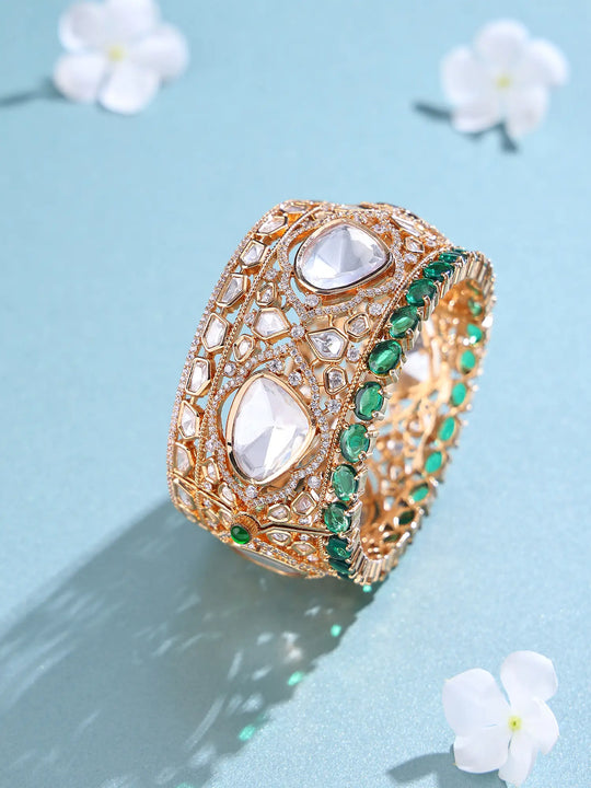 Polki Studded Openable Bridal Kada Bangle in Green and Pink