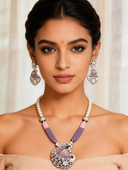 Peacock Motif Zircon Multi Strand Necklace and Earring Set