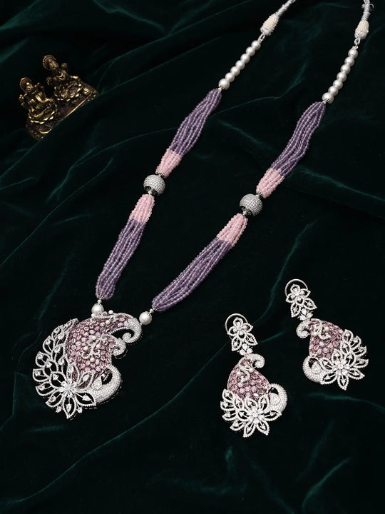 Peacock Motif Zircon Multi Strand Necklace and Earring Set