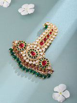 Polki Stone Groom Kalgi Brooch in Red and Green Brass